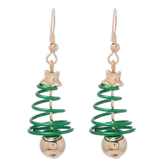 Green Wire Christmas Tree Earrings – Stainless Steel Holiday Dangles - Picture 1 of 15